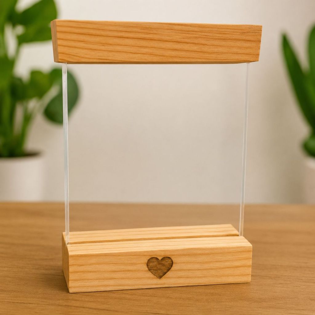 Porta Retrato Base Madeira Vidro Duplo Presente Romântico Decorativo Enfeite Decoração Namorados