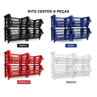 Kit 6 Unidades Cesto Organizador Expositor Empilhável Gondola PRETO AZUL VERMELHO E BRANCO