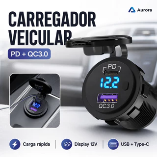 Tomada Carregador Veicular USB‑C PD 45W Com Voltímetro LED Instalação Painel 12V 24V Carro Caminhão Barco