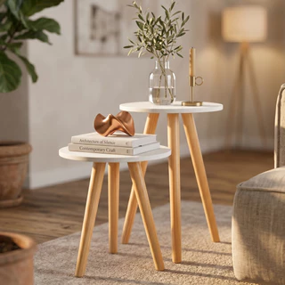 Conjunto de Mesa Canto Pe Palito Madeira Tripe Porta Quadros e Objetos Branco ou Preto