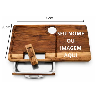 Tábua de Churrasco com Gaveta em Madeira Teca 30x60 Personalizada com Nome Logo ou Imagem