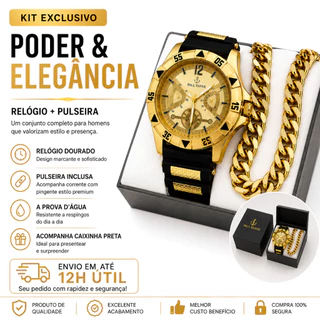 Kit Relógio Masculino Dourado + Pulseira Corrente Luxo Presente Masculino