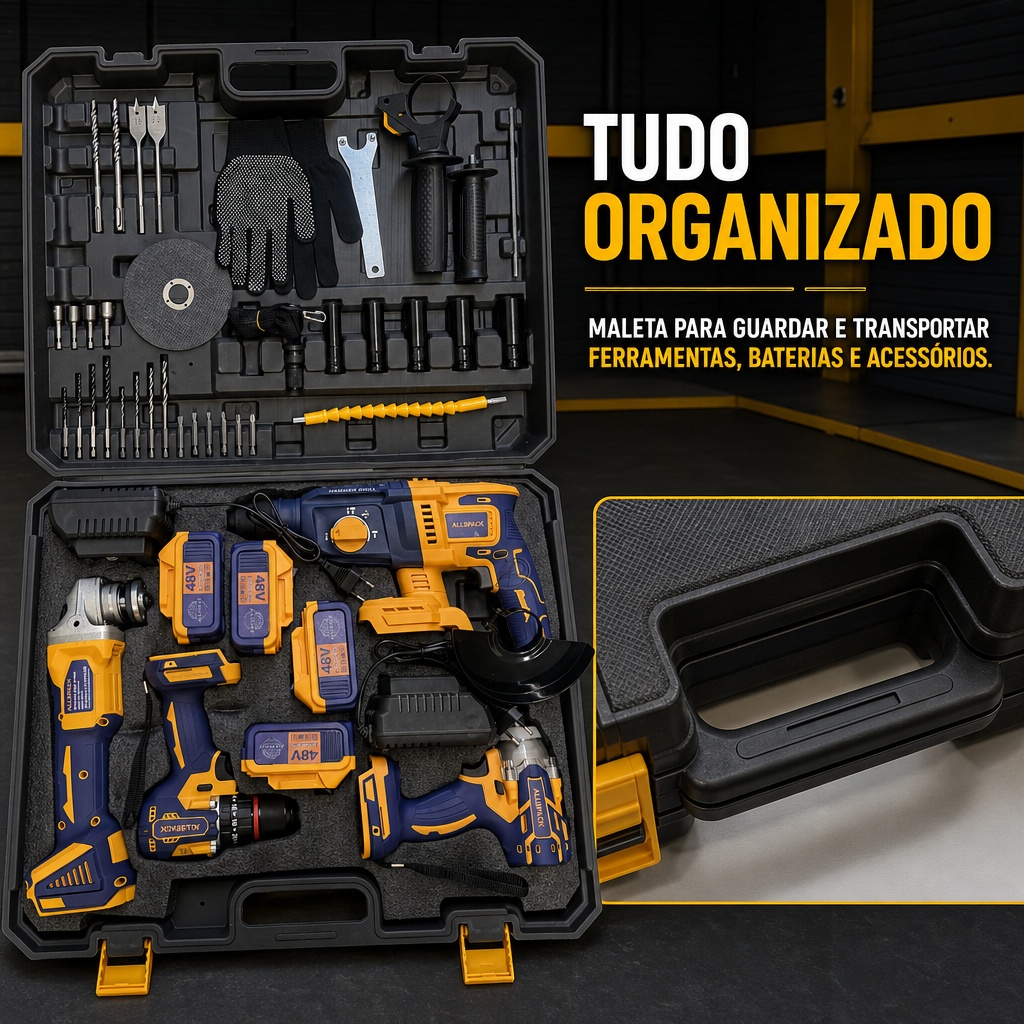 Kit Ferramentas 4 em 1 Com 4 Baterias e 2 Carregadorores 48V
