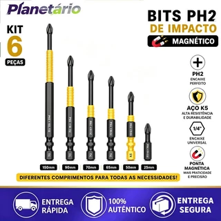 Conjunto de 6 pontas de chave de fenda magnéticas antiderrapantes PH2 padrão Phillips.