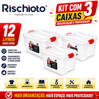 Caixa Organizadora Rischioto 12 Litros com Tampa e Travas Ref. 0124 Kit com 3 Unidades
