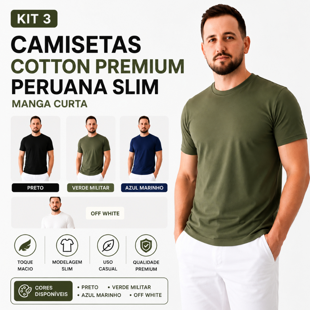 Kit 3 Camiseta Cotton Peruana Masculina Lisa Slim Manga Curta  Algodão Elastano Casual