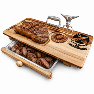 Kit Tabua De Carnes para Churrasco Rustica Com Gaveta E Garras Urso Tridente