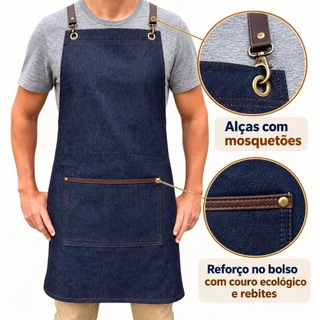 Avental Jeans com alças cruzadas Bartenter Barbershop Churrasqueiro Tattoo