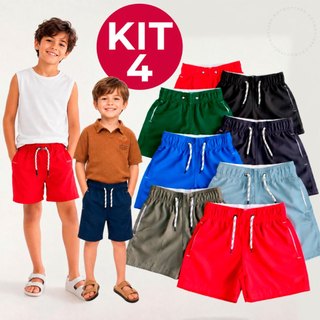Kit 4 Short Bermuda Infantil Juvenil Tactel Menino Praia Com Bolso Elastano Premium 2 a 16 Anos