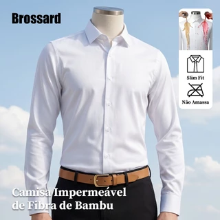Camisa Social Masculina Manga Longa Fibra de Bambu Slim, Blusa Não Amassa Impermeável Para Presente