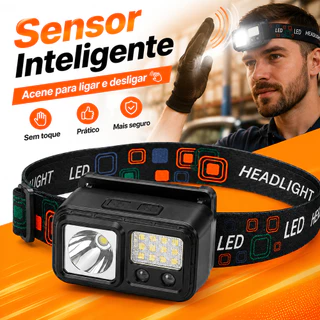 Lanterna de Cabeça Ultraleve LED Recarregável com Sensor USB Tipo-C Resistente à Água para Camping