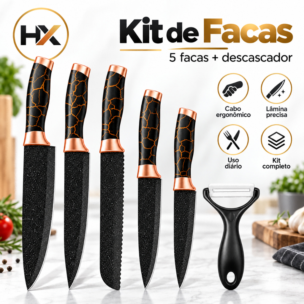 Conjunto de Facas de Cozinha 6 Peças com Estojo, Cabos Ergonômicos e Lâminas Pretas