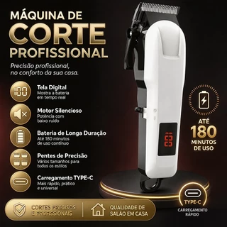 Máquina de Cortar Cabelo e Barba Profissional Sem Fio com Display LCD Recarregável e 4 Pentes Guia