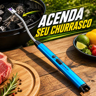 Bom Acenda o Seu Churrasco com Acendedor Recarregável Azul Portátil, Pescoço Flexível Prateado e Cabete para Carvão