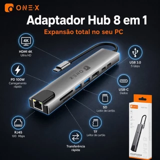 Hub Type-C 8 em 1 Multifuncional com 2x USB-C, 2x USB-A 3.0, HDMI 4K, SD/TF, RJ45, PD 100W para Notebook