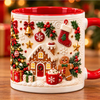 Caneca de Natal Vermelha Decorada com Casinha de Gengibre e Árvore Natalina