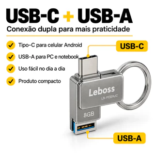 Pendrive OTG 8GB USB-C e USB-A Leboss para celular e pc
