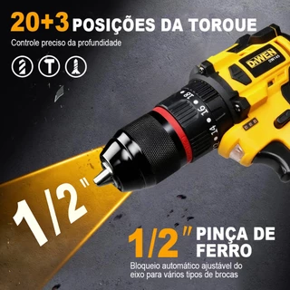 Parafusadeira Furadeira de Impacto Sem Fio 2Baterias Mandril 13mm 3em1 funções Kit Acessórios 28pcs