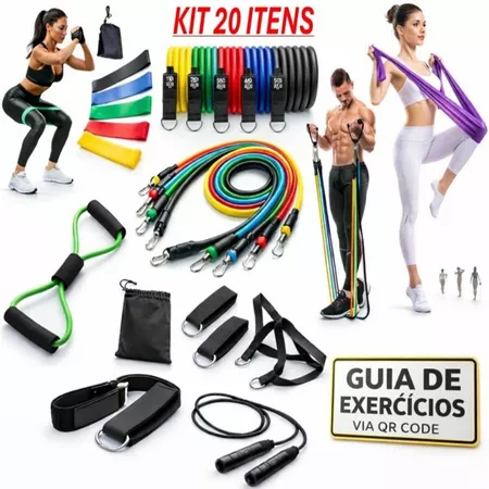 Kit 20 Itens Treino em Casa Elásticos Extensor Mini Band Thera Band Corda De Pular Guia de Exercícios Exclusivo
