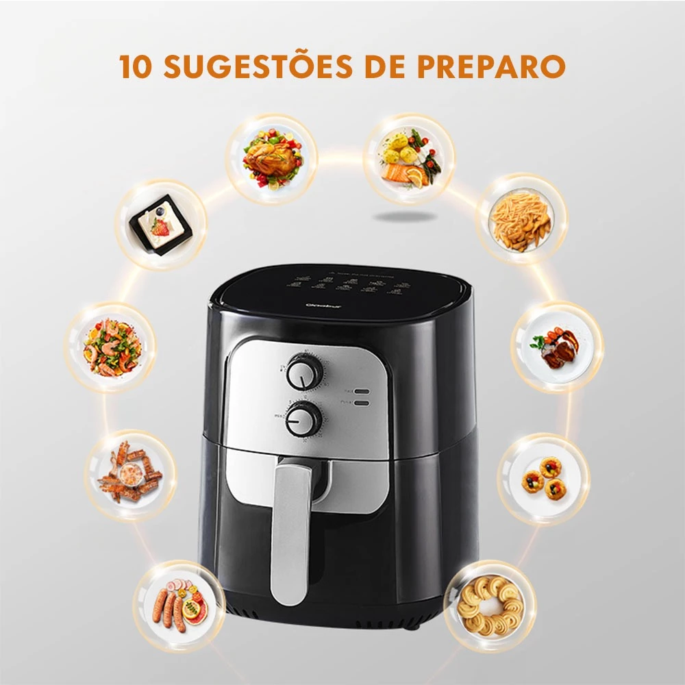 Gráfico circular exibindo 10 diferentes sugestões de preparo culinário ao redor da Air Fryer Gaabor