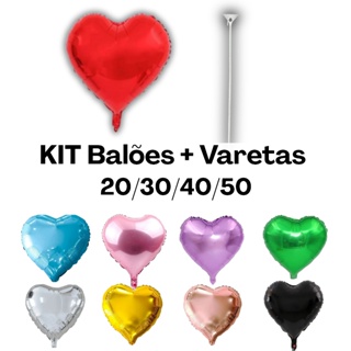KIT COM VARETA |20/30/40un| Balão de coração 10cm, 22cm e 45cm metalizado bexiga balões 5, 10 polegadas e 18 polegadas