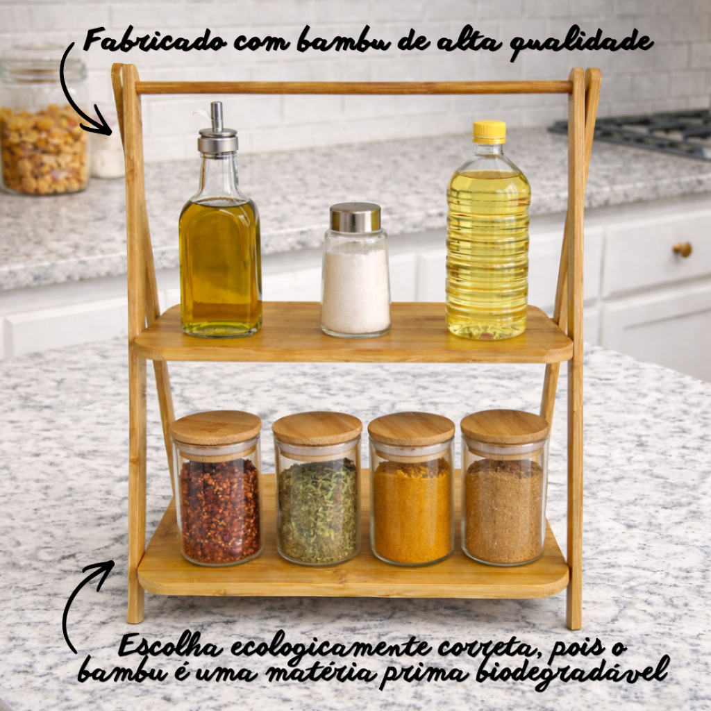 Prateleira Dupla De Bambu Porta Tempero Giratório | Shopee Brasil