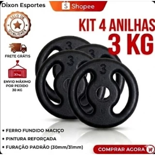 Kit 4 Anilhas 3kg (4×3kg) Pintura Reforçada Academia Musculação Envio imediato