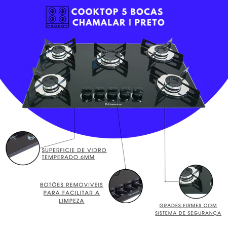 Fogão Cooktop Premium Gás 5 Bocas Ultra Chama 127v 220v Preto
