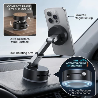 Suporte Magnético para Celular 360° Dobrável com Ventosa a Vácuo Super Forte – Fixação Ultra Resistente para Carro e Mes