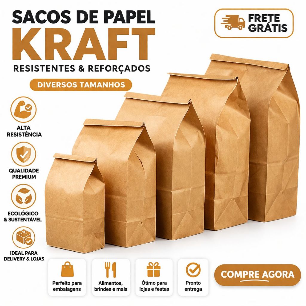 KIT 100 Saco Delivery Lanche Kraft SOS Hambúrguer Liso