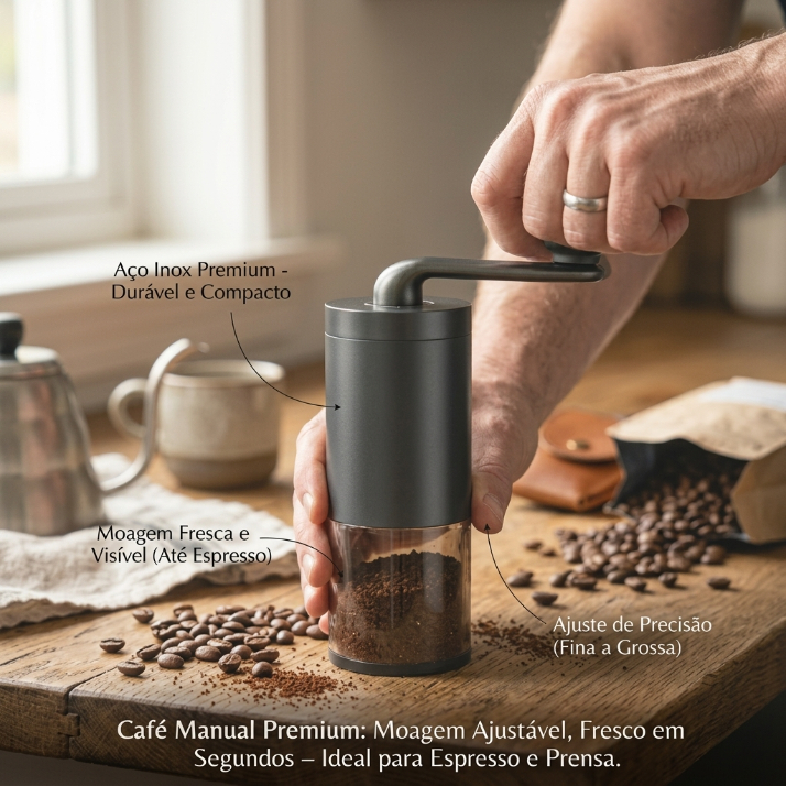 Moedor de Café Manual Ajustável Portátil em Aço Inox para Gr