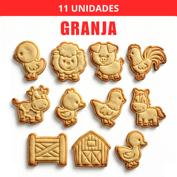 Kit 11 Cortadores/Marcadores de Biscoito de Granja Animais F