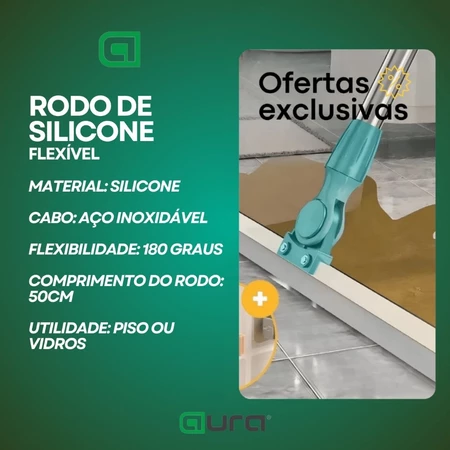 Infográfico do rodo de silicone destacando especificações técnicas, material e flexibilidade de 180 graus.