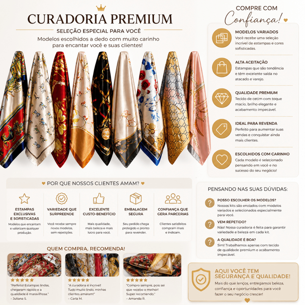 Kit 02/04/06 Lenços de Cetim Feminino Bandana Cabelo Estampas