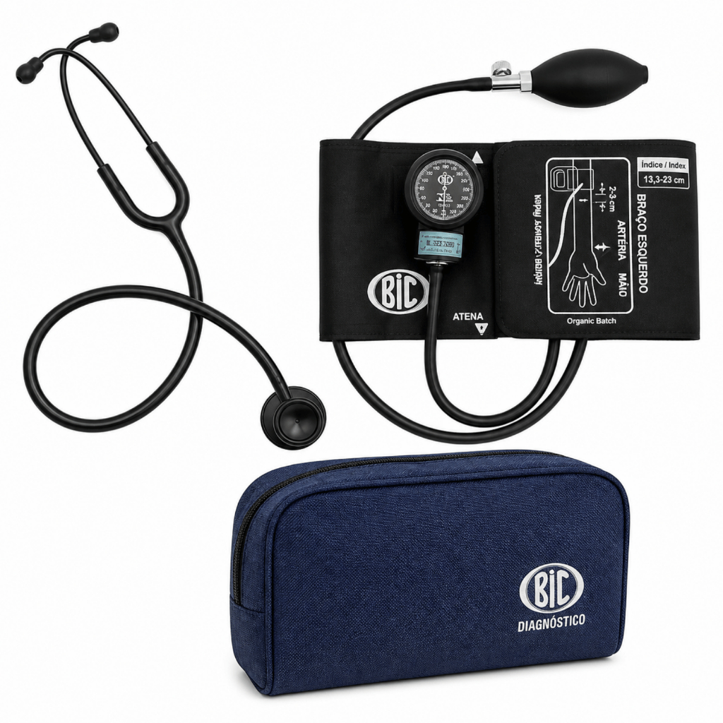 Kit Enfermagem Aparelho Pressão Esfigmomanômetro BIC + Estetoscópio Duplo Efficace Preto Profissional Com Bolsa Inclusa