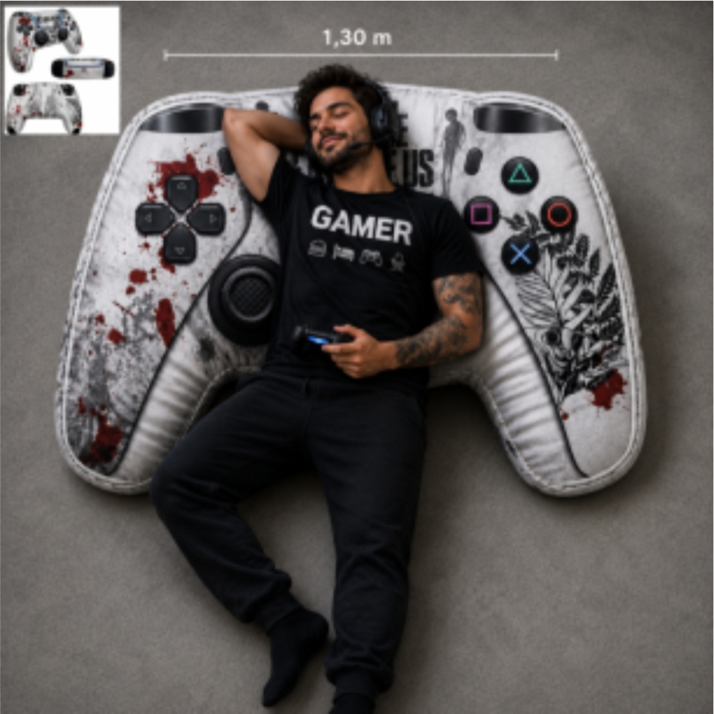 Almofadão Gamer 1,30m 3D Premium PS5 The Last of Us GTA VI – Capa Vazia c/ Zíper Invisível – Veludo