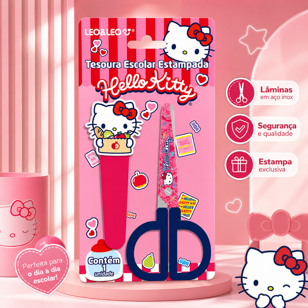 Tesoura Escolar Estampada com Capa Hello Kitty 13cm LEO&LEO