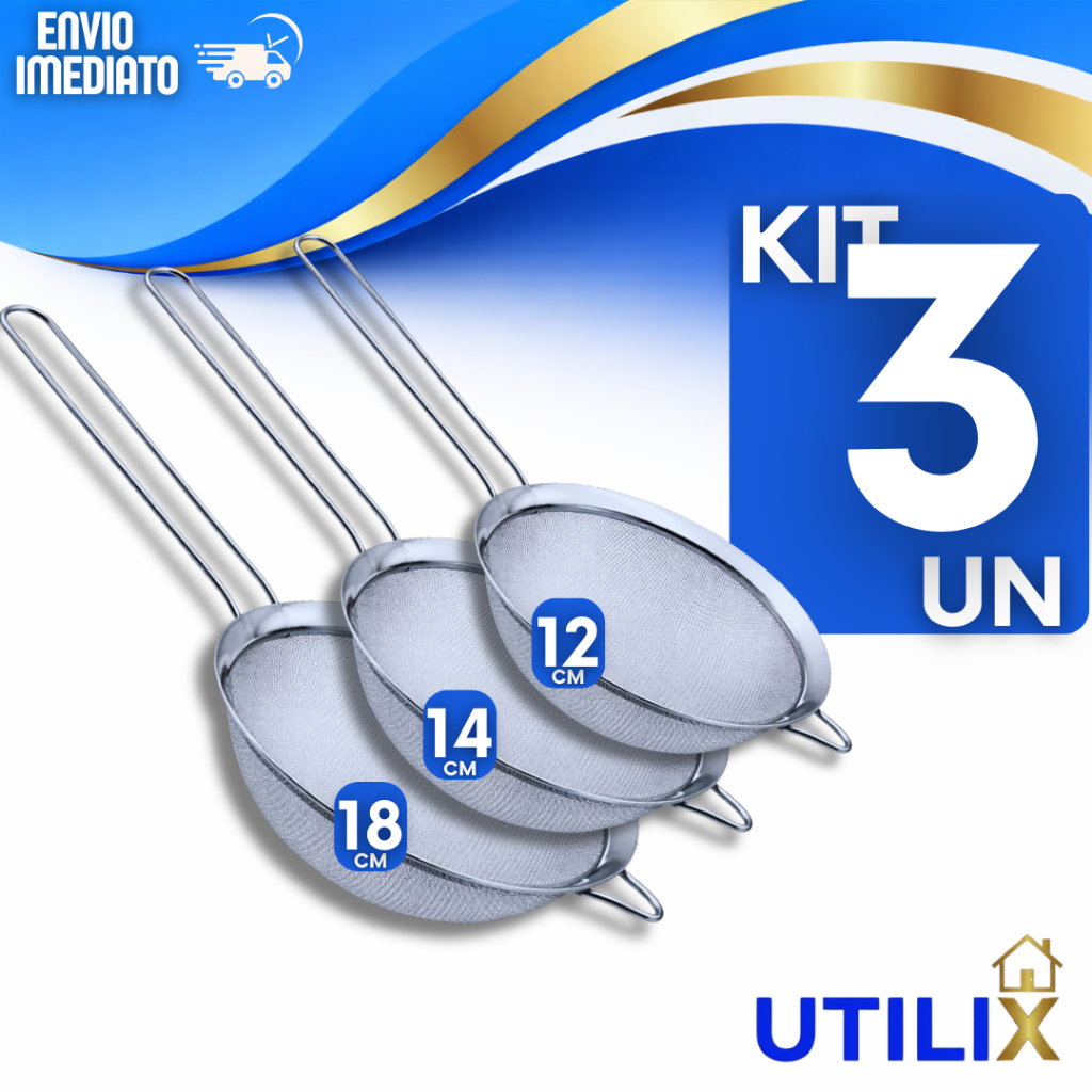 Conjunto Peneiras Aço Coador Inox 18/14/12 cm Farinhas Cuscu