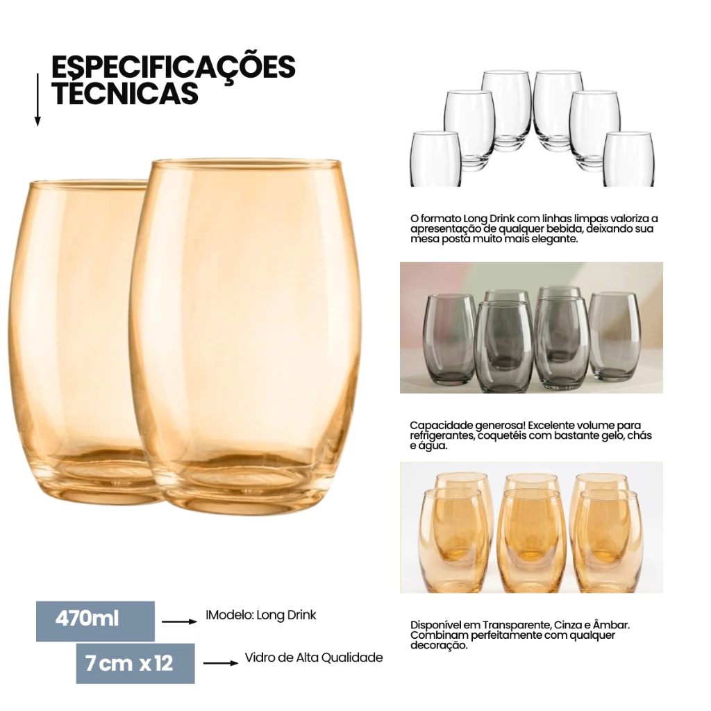 Jogo 6 Copos Vidro Long Drink 470ml Água Suco Drinks Transparente Cinza Âmbar