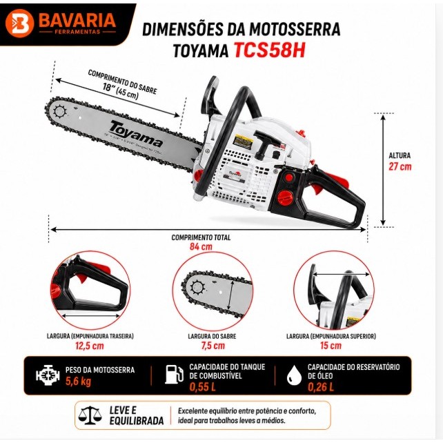 Motosserra Toyama TCS58H 54,4cc 3,2HP Sabre 18 Gasolina | Shopee