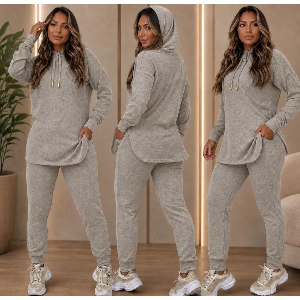 Conjuto casual com capuz, feminino lanzinha conforto elegancia