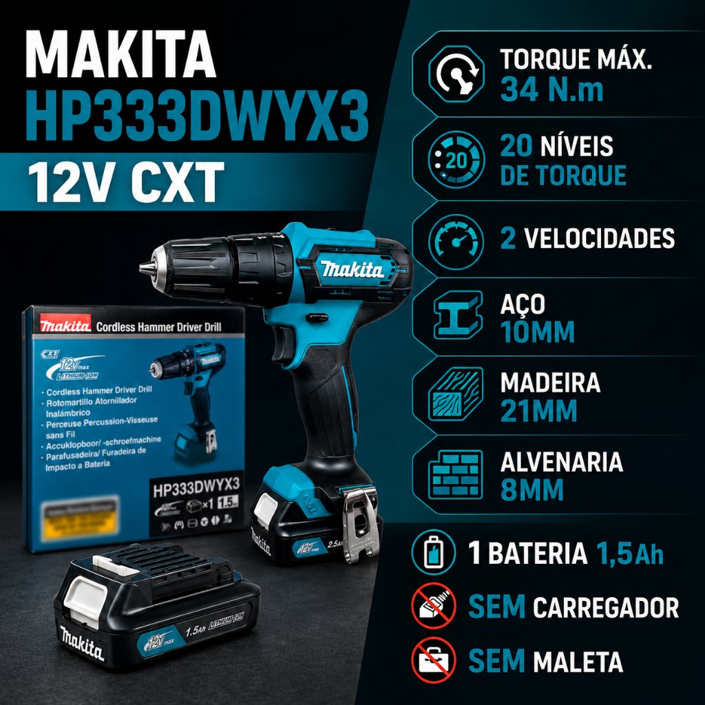 Parafusadeira Furadeira Impacto Makita HP333DWYX3 12V CXT 1