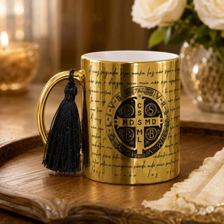 Caneca Dourada Metálica Oração de São Bento Católica Personalizada Presente Religioso