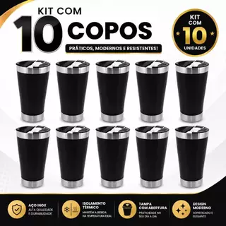 Kit 10 Copos Térmico De Cerveja Café Aço Inox 473ml Com Tampa Preto