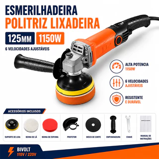 Politriz Multifuncional 1150W 125mm 6 Velocidades Ajustáveis Polimento Lixamento para Automotivo e Marcenaria