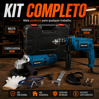 Kit Furadeira de Impacto 1000W Elétrica + Esmerilhadeira 900W Profissional Nakasaki + Maleta