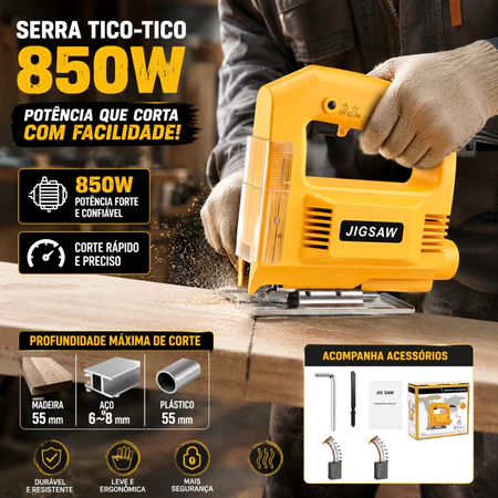 Serra Tico Tico 850W Profissional Elétrica Corte Madeira Aço Plástico com Acessórios