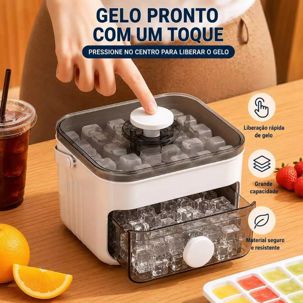 Forma de Gelo Manual com Coletor e Tampa Fácil de Desenformar Grande Capacidade