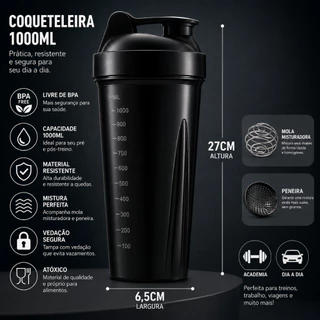 Coqueteleira shaker 1 litro diferenciada com esfera misturadora e peneirinha