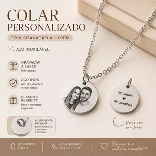 Colar Personalizado com Foto e Gravação a Laser | Colar Casal Presente Romântico Mãe Amiga Presente Especial Aço Inox